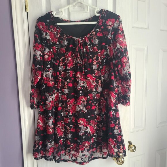 Yours UK Black & Red Floral Swing Top - Picture 1 of 4